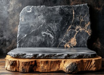 Poster - A dim, intense photo displays a black marble slab on a light wood shelf, against a matching marble wall. The lighting accentuates a dramatic, high-contrast ambiance