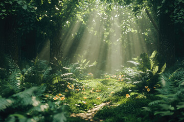 Poster - Sunbeams illuminate a magical forest path, ferns and wildflowers carpet the ground.