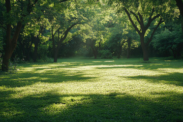 Poster - Sunlit green meadow in a lush forest, dappled shadows from trees.