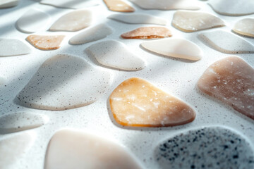 Poster - Abstract close-up of a textured surface with pebble-like shapes in beige and white tones, illuminated by sunlight.