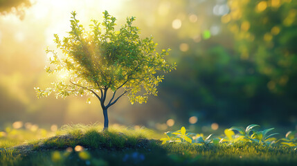Wall Mural - green living idea with tree growing in garden under sun promoting ecology and nature preservation