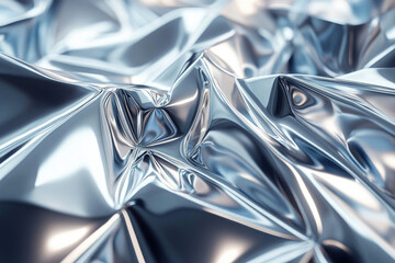 Poster - Abstract image of crumpled silver foil, reflecting light in folds and creases, creating a metallic texture.