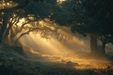 Poster - Sunbeams pierce through a misty forest, illuminating the ancient oak trees and creating a magical atmosphere.