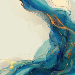 Poster - Abstract Blue and Gold Fluid Art with Soft Waves and Dynamic Movement in Elegant Color Palette