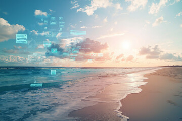 Wall Mural - concept of an e sea beach with virtual icons computer