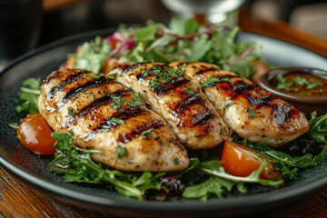 Wall Mural - Generative AI image of a healthy grilled chicken dish with fresh salad showcasing culinary and dieting inspiration