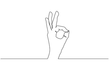Aufkleber - Ok sign. Continuous line. Hand showing okay isolated on white background, One line drawing of hand showing OK gesture. Contour hand drawn single lineart.