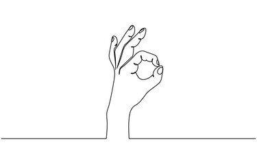 Aufkleber - Ok sign. Continuous line. Hand showing okay isolated on white background, One line drawing of hand showing OK gesture. Contour hand drawn single lineart.