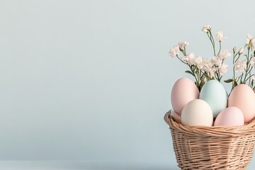 Poster - delicate image of wicker basket filled with pastel-colored easter eggs and fresh flowers composition