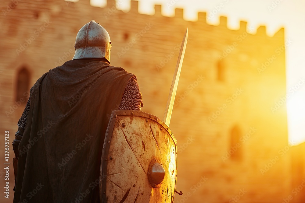fearless knight with battle-worn shield and longsword stands in ...