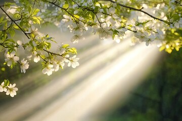 Poster - peaceful image of tree branches heavy with pollen-filled blossoms sunlight streaming through creatin