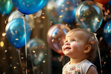 Wall Mural - Generative AI portrait of happy cheerful boy celebrate birthday event cool party