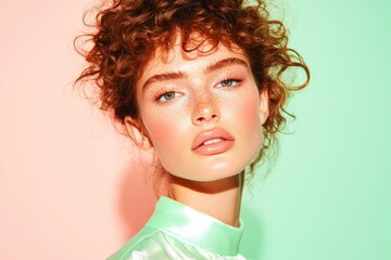 Poster - close-up of model with fresh spring-inspired makeup against soft pastel background