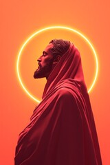 Poster - The figure, draped in a flowing red cloak, gazes peacefully towards the horizon, surrounded by a warm orange glow that enhances the serene atmosphere