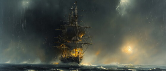 Wall Mural - A military frigate with taut sails and a fortified_006
