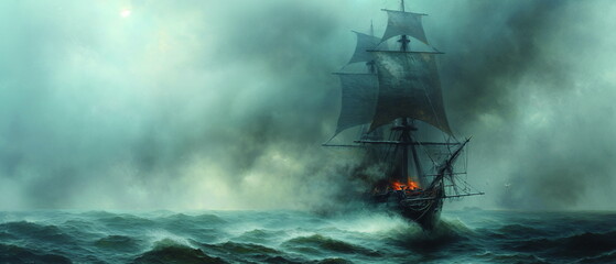 Wall Mural - a military frigate with taut sails and a fortified_011
