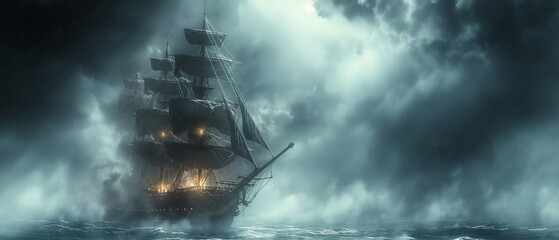 Wall Mural - a military frigate with taut sails and a fortified_012