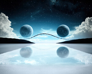 Wall Mural - celestial bridge made of stars connects two distant planets, reflecting in serene lake under starry sky