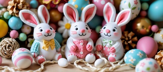 Easter Bunnies and Eggs on Colorful Background