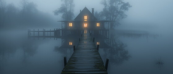 Wall Mural - the landing stage in the morning fog its outlines _009