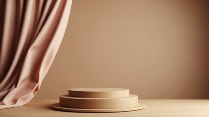 Poster - 3D display podium, brown background with wood frame pedestal and flying silk cloth curtain. Nature wind. Beauty, cosmetic product presentation stand. Luxury mockup