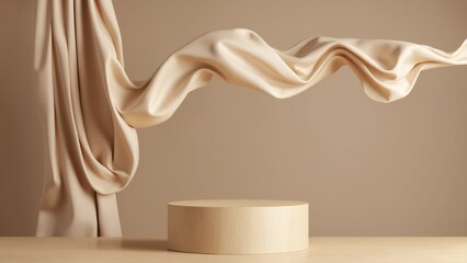 Poster - 3D display podium, brown background with wood frame pedestal and flying silk cloth curtain. Nature wind. Beauty, cosmetic product presentation stand. Luxury mockup
