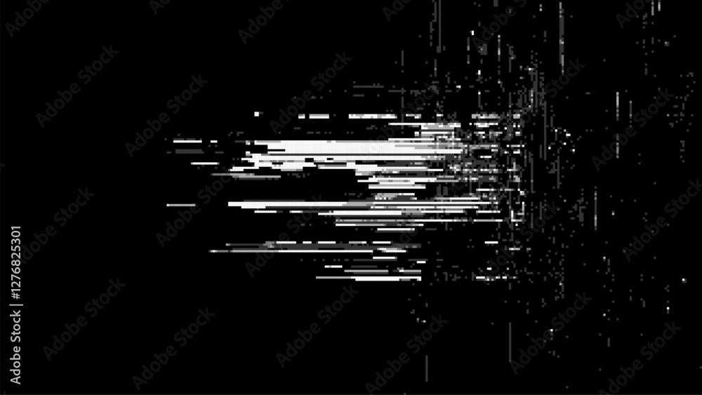 White digital glitch lines on a black background., 8-bit video game ...