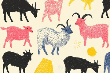 Poster - Whimsical Goat Pattern: An imaginative illustrated pattern featuring a playful array of goats in various colors, showcasing creative design and animal artistry. 