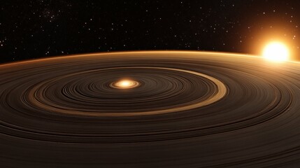 Wall Mural - distant planet with rings glowing faintly under the light of a twin star system
