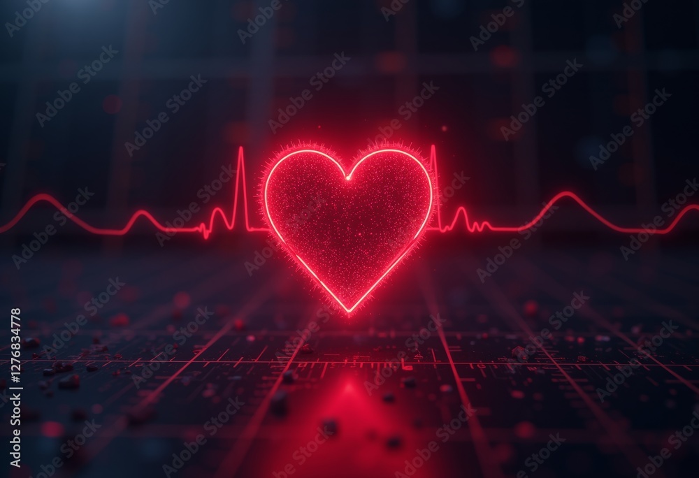 Neon red heart with an EKG line on a circuit board background ...