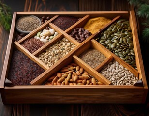 Collection of assorted spices and nuts arranged neatly in a wooden tray on a rustic table