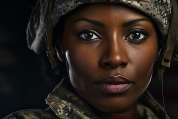Leinwandbilder - Generative AI image of beautiful female soldier in camouflage uniform in military security