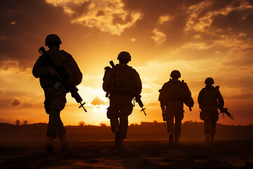 Leinwandbilder - Generated with ai image of armored soldiers during a military operation fighting for freedom at morning sunrise