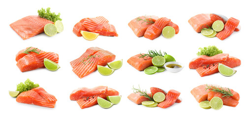 Wall Mural - Pieces of fresh salmon isolated on white, set