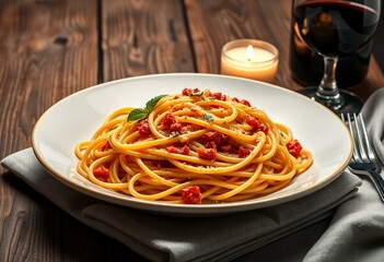 Wall Mural - Rustic wooden table, spaghetti carbonara, red wine, candle, plate, fork, knife, rustic atmosphere