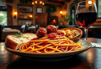 Wall Mural - Rustic Italian trattoria scene with spaghetti, meatballs, garlic bread, and red wine