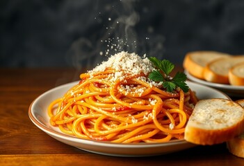 Wall Mural - Steaming plate of spaghetti with parmesan cheese and parsley