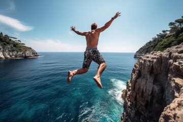 Wall Mural - Athletic young man jumping off a rocky diving vacation summer.