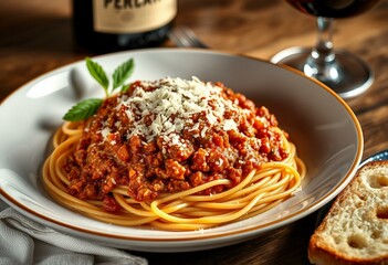 Wall Mural - A plate of spaghetti with meat sauce, topped with parmesan cheese, served with garlic bread and red wine.