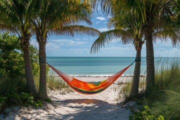 Wall Mural - Relaxing in a Colorful Hammock Between Palm Trees by the Tranquil Beach at Midday