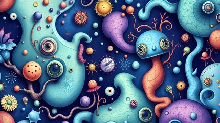 Poster - Colorful abstract design featuring whimsical shapes and patterns on a dark background. Generative AI