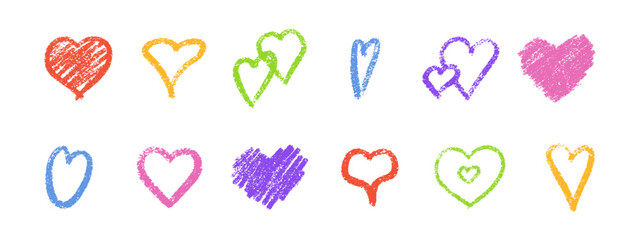 Poster - Multicolored crayon heart vector collection with rough chalk texture and scattered grainy strokes. Hand drawn romantic doodles in rainbow shades. Sketchy love symbols for Valentine day greeting card.