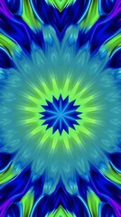 Poster - Vibrant mandala pattern featuring blue and green hues radiating in a symmetrical design. Generative AI
