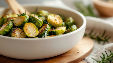 Wall Mural - Tempting close-up of homemade marinated brussels sprouts on a pristine white background. roasted Brussels sprouts, vegan appetizer, main course