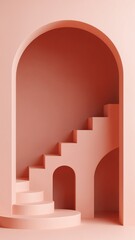 Poster - Arch and stairs in trendy minimal interior. 3d render illustration in modern geometric style. Coral pastel colors background for banners for product presentation