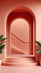 Poster - Arch and stairs in trendy minimal interior. 3d render illustration in modern geometric style. Coral pastel colors background for banners for product presentation