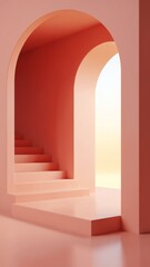 Poster - Arch and stairs in trendy minimal interior. 3d render illustration in modern geometric style. Coral pastel colors background for banners for product presentation