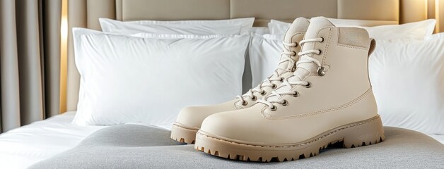 Wall Mural - Beige leather boots with laces rest on a gray pillow beside a vase of pampas grass in a bright modern living space