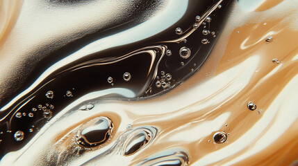 Poster - Liquid Marble: Swirling layers of rich black, tan, and white liquid create an abstract pattern with the glossy surface. Bubbles add a unique texture to the image.