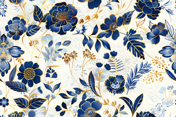 luxury floral pattern with elegant blue and gold flowers, intricate botanical design, seamless decor